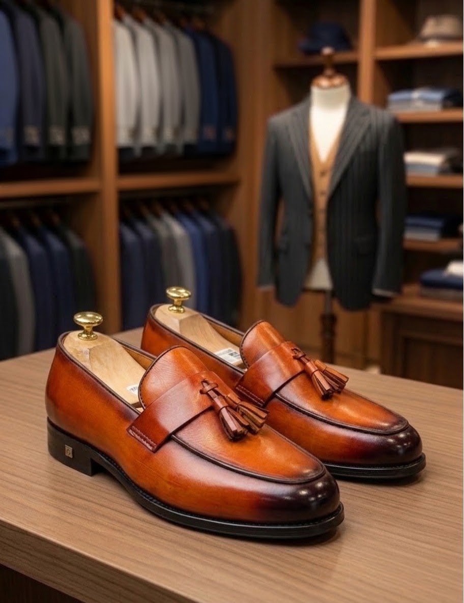 Cognac Bown Leather Tassel Loafers